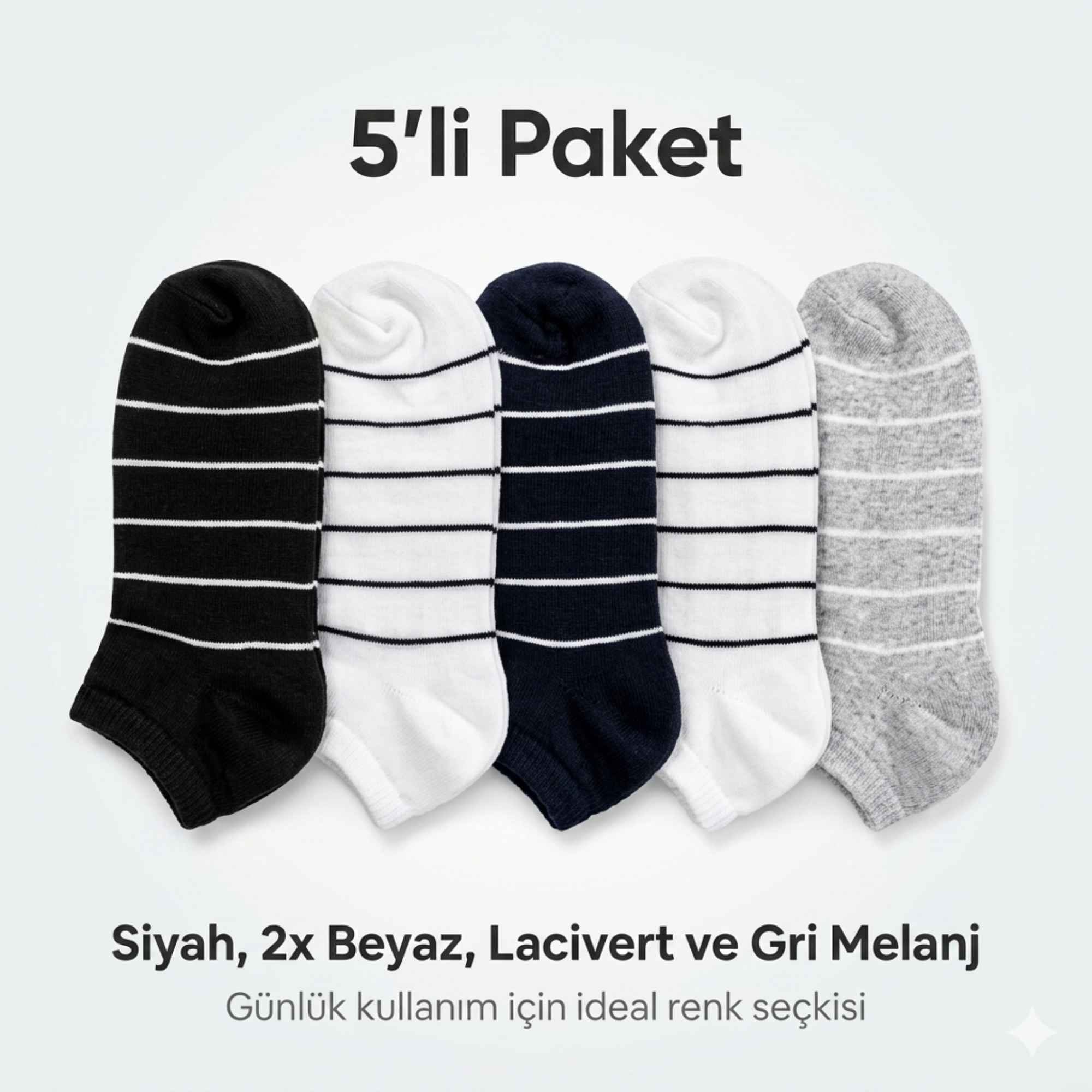 Ekonomik Kadın Patik Çorap 5'li Paket %85 Pamuklu Çizgili Yumuşak Konforlu Nefes Alabilir Set