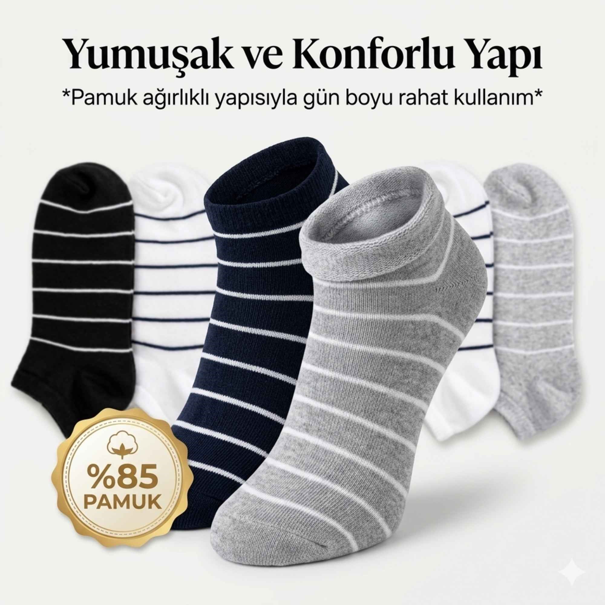 Ekonomik Kadın Patik Çorap 5'li Paket %85 Pamuklu Çizgili Yumuşak Konforlu Nefes Alabilir Set