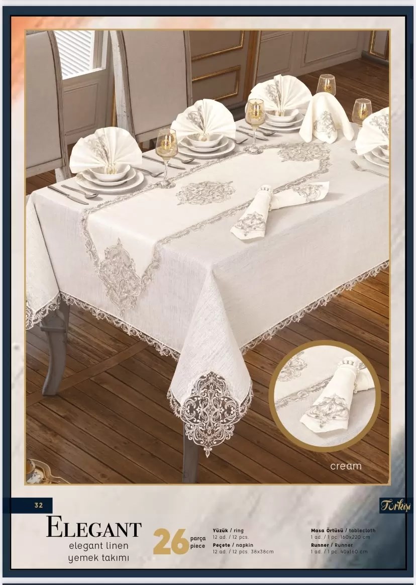 Elegant Linen Krem-Gümüş 12 Kişilik 26 Parça 160 × 260 cm Runner Premium Sofra Masa Takımı