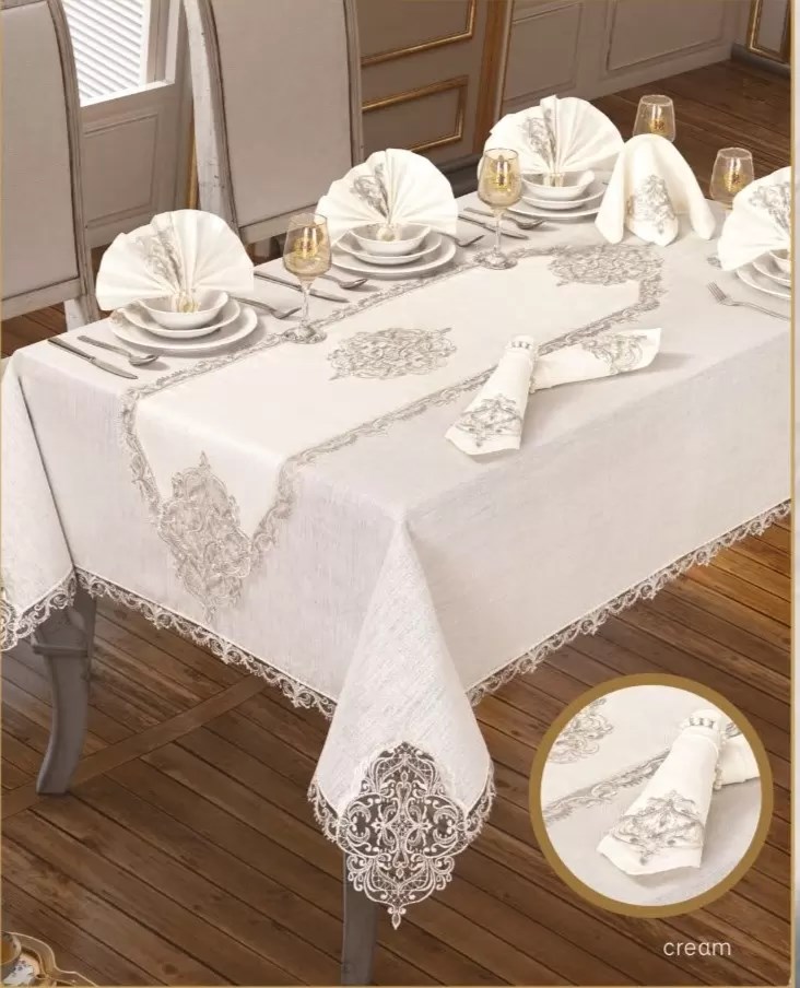 Elegant Linen Krem-Gümüş 12 Kişilik 26 Parça 160 × 260 cm Runner Premium Sofra Masa Takımı