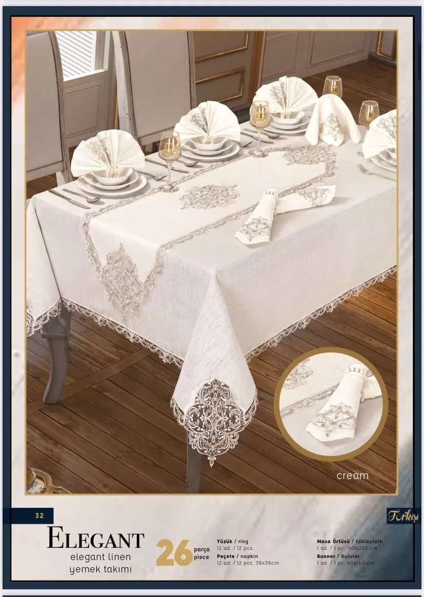 Elegant Linen Krem-Gümüş 12 Kişilik 26 Parça 160 × 260 cm Runner Premium Sofra Masa Takımı