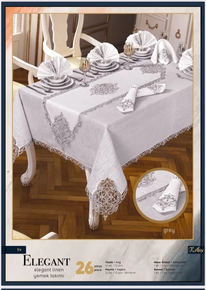 Elegant Linen Krem-Gümüş 26 Parça 12 Kişilik 160 × 260 cm Masa Takımı