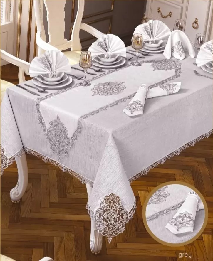 Elegant Linen Krem-Gümüş 26 Parça 12 Kişilik 160 × 260 cm Masa Takımı