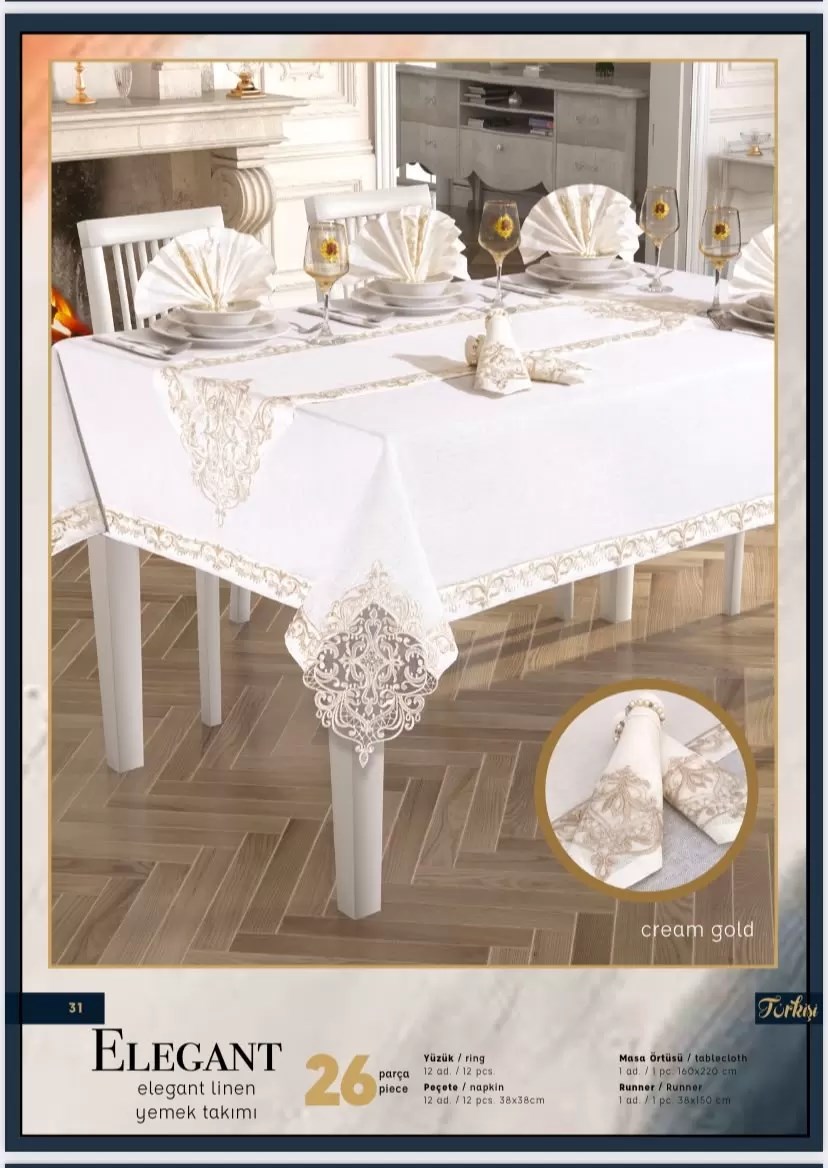 Elegant Linen Yemek Takımı Masa Seti 12 Kişilik 26 Parça160 × 260 cm Runner Set Krem-Gold