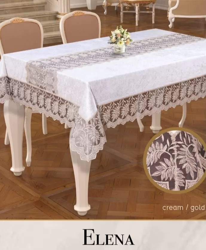 Elena Model Krem-Gold Keten İşlemeli 160x220 cm Dantelli Yemek Masası Örtüsü