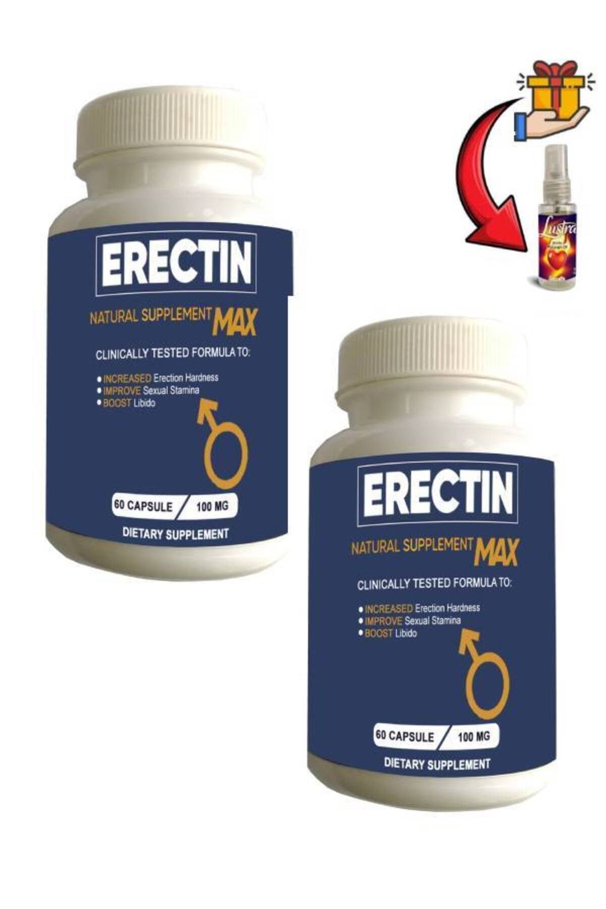 Erectin Max Erkeklere Özel Geliştirme 60'lı Destekleyici x 2 adet+Lustra Masaj Yağı ile 30 ml