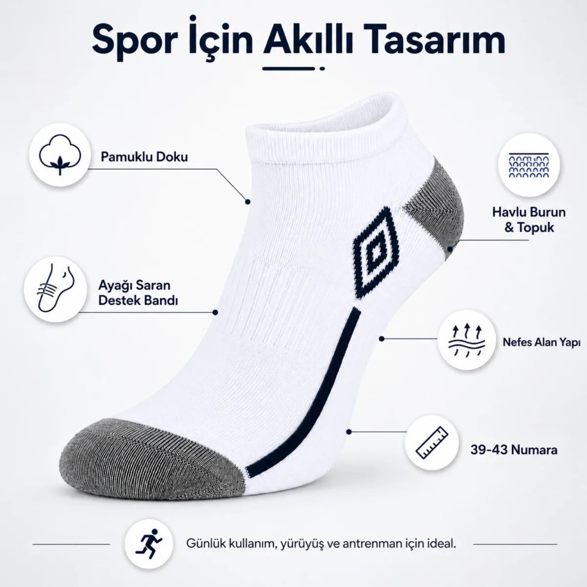 Erkek 3'lü Spor Patik Çorap 39-44 Pamuklu Havlu Destekli Bilek Boy Beyaz Gri