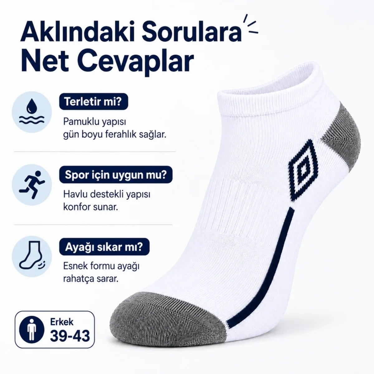 Erkek 6'lı Spor Patik Çorap 39-44 Pamuklu Havlu Destekli Bilek Boy Beyaz Gri