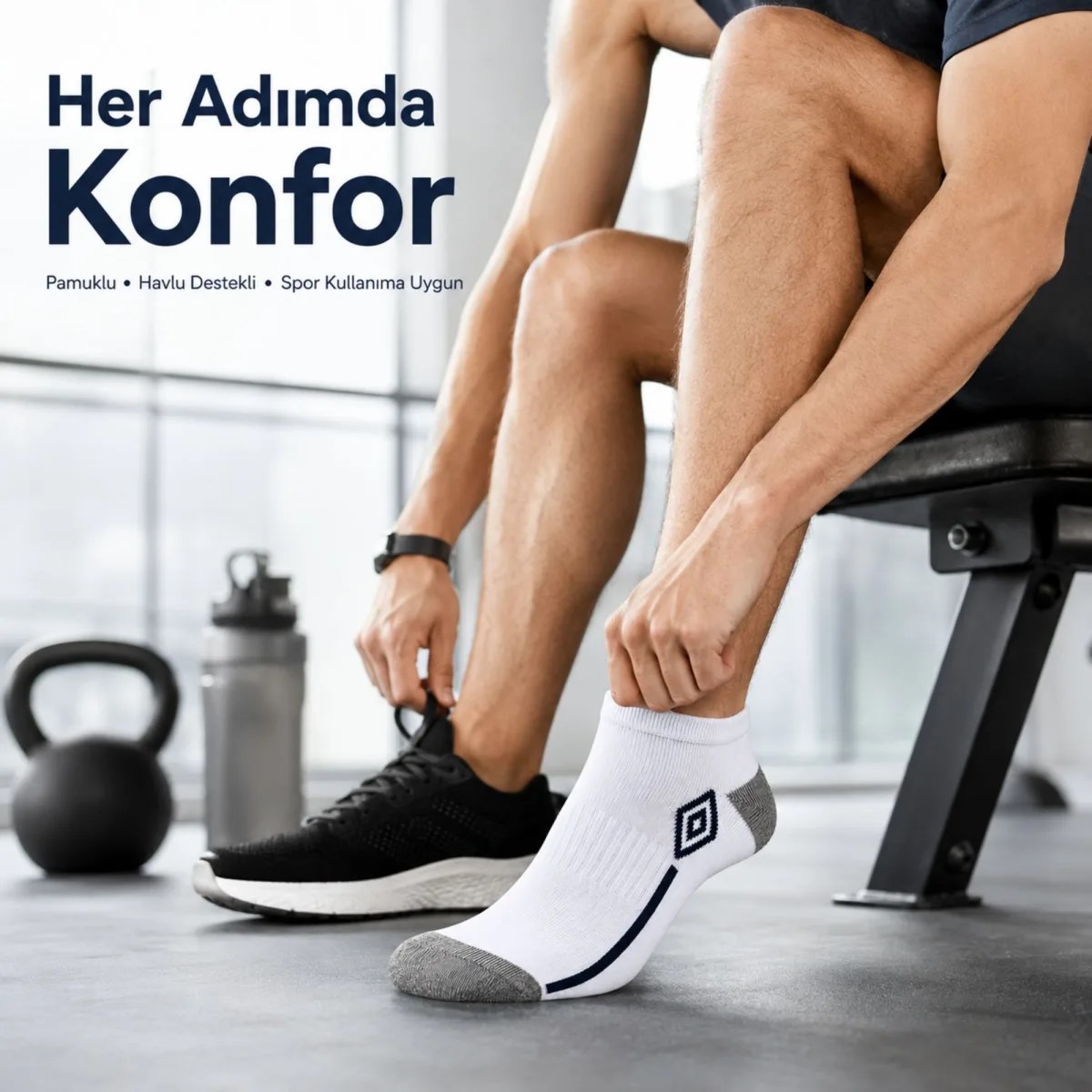 Erkek 6'lı Spor Patik Çorap 39-44 Pamuklu Havlu Destekli Bilek Boy Beyaz Gri