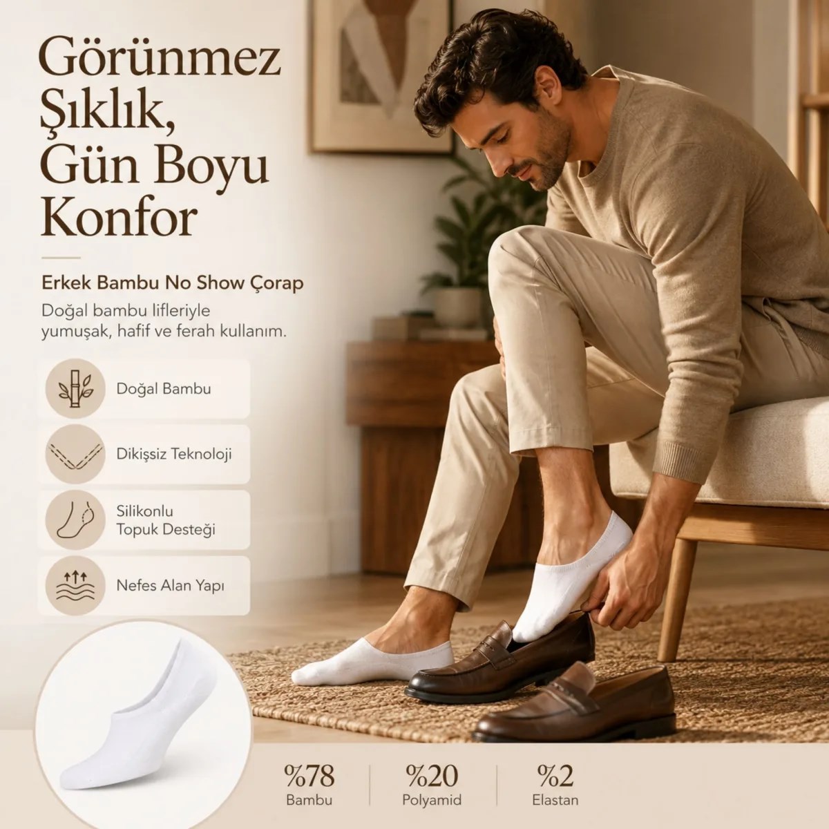 Erkek Bambu 12'li Babet Çorap Görünmez No Show Dikişsiz Silikon Topuklu