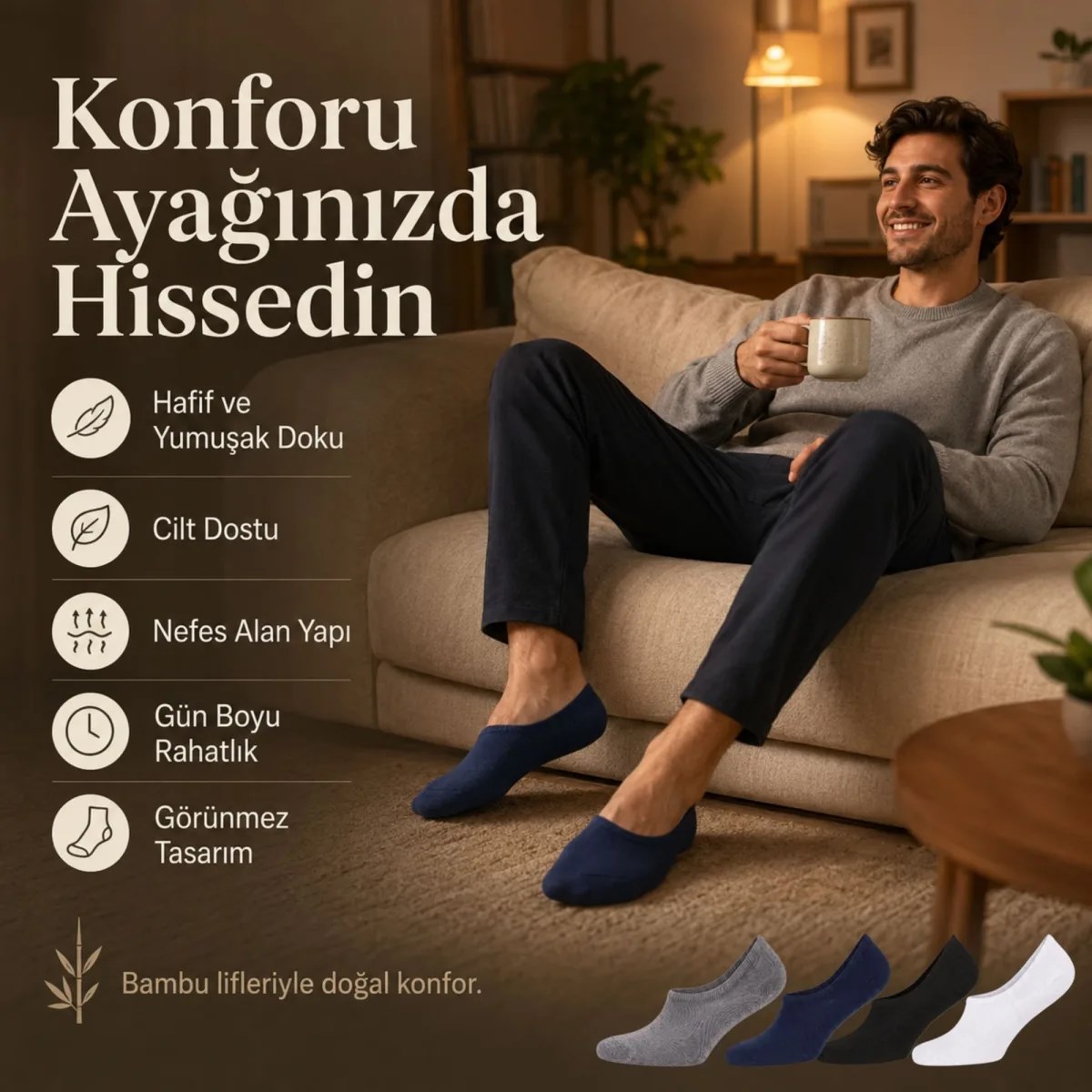 Erkek Bambu 4'lü Babet Çorap Görünmez No Show Dikişsiz Silikon Topuklu