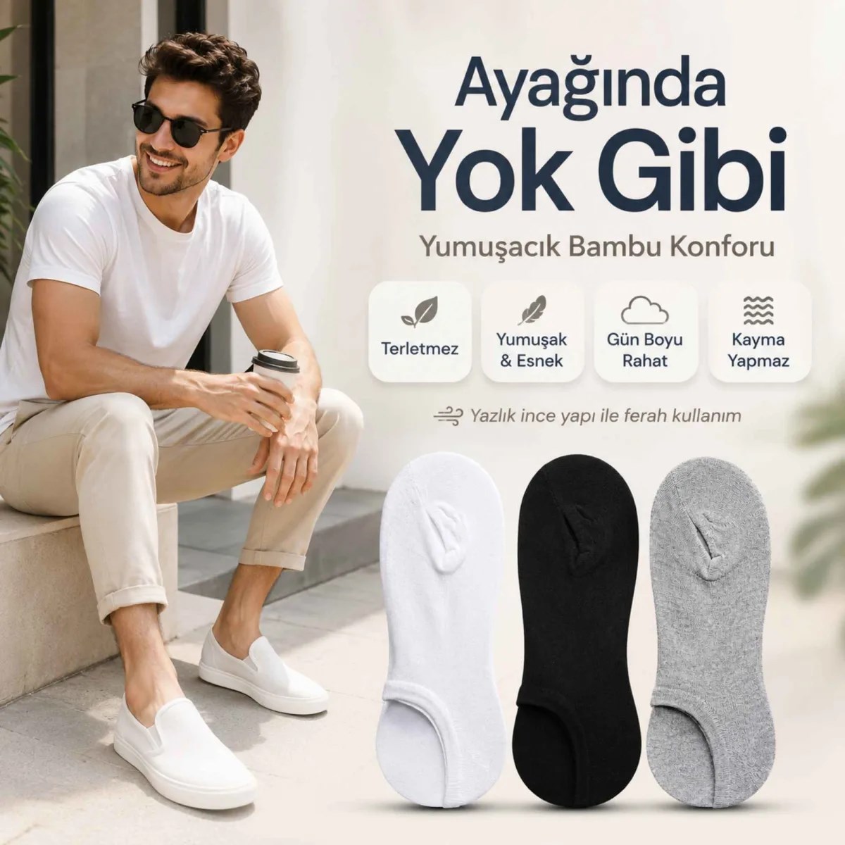 Erkek Bambu 6'lı Dikişsiz Babet Çorap Siyah Beyaz Gri Görünmez Sneaker Çorap Nefes Alan Yumuşak