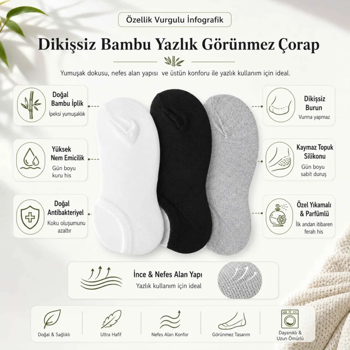 Erkek Bambu 6'lı Dikişsiz Babet Çorap Siyah Beyaz Gri Görünmez Sneaker Çorap Nefes Alan Yumuşak