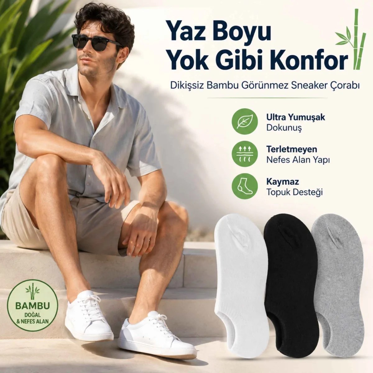 Erkek Bambu 6'lı Dikişsiz Babet Çorap Siyah Beyaz Gri Görünmez Sneaker Çorap Nefes Alan Yumuşak
