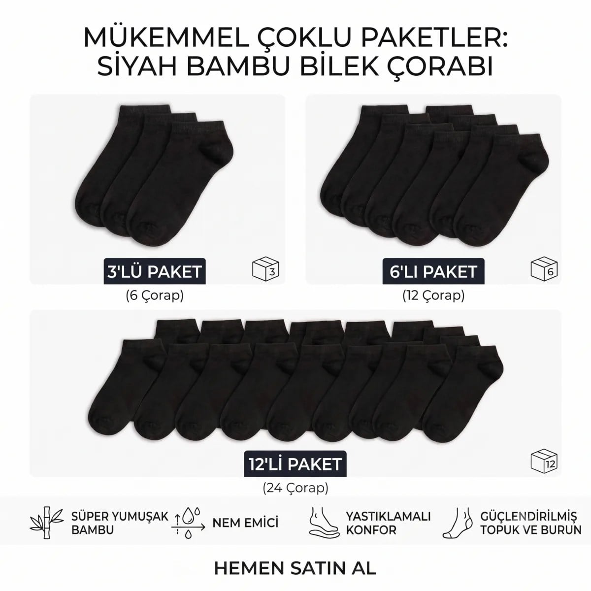 Erkek Bambu Patik Çorap 6'lı Paket, Siyah Beyaz Gri, Nefes Alan Nem Emici Yumuşak Günlük Spor Bilek Çorabı