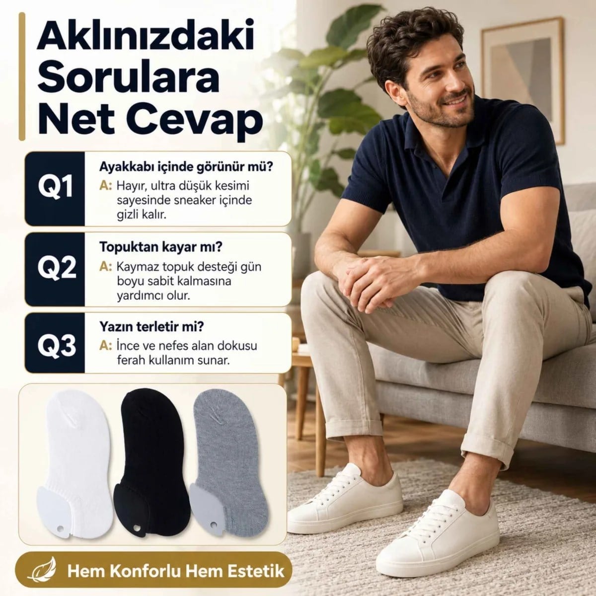 Erkek Geri Dönüşüm İplikli 6'lı Görünmez Sneaker Çorap, İnce Dikişli, Nefes Alan Yazlık Babet Çorabı, Kaymaz Topuklu Siyah Gri Beyaz