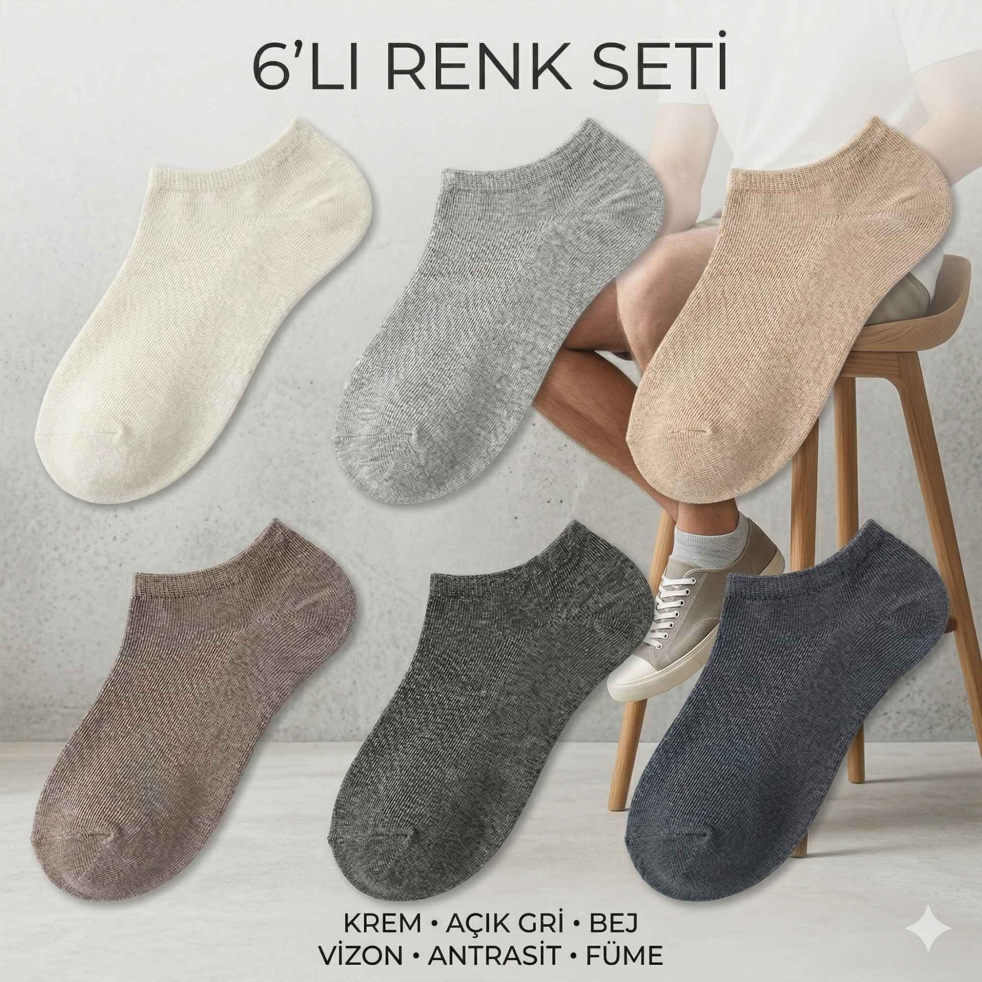Erkek Görünmez Çorap 12'li Set, Babet Kesim, Yumuşak ve Esnek Yapı, Krem, Açık Gri, Bej, Vizon, Antrasit, Füme