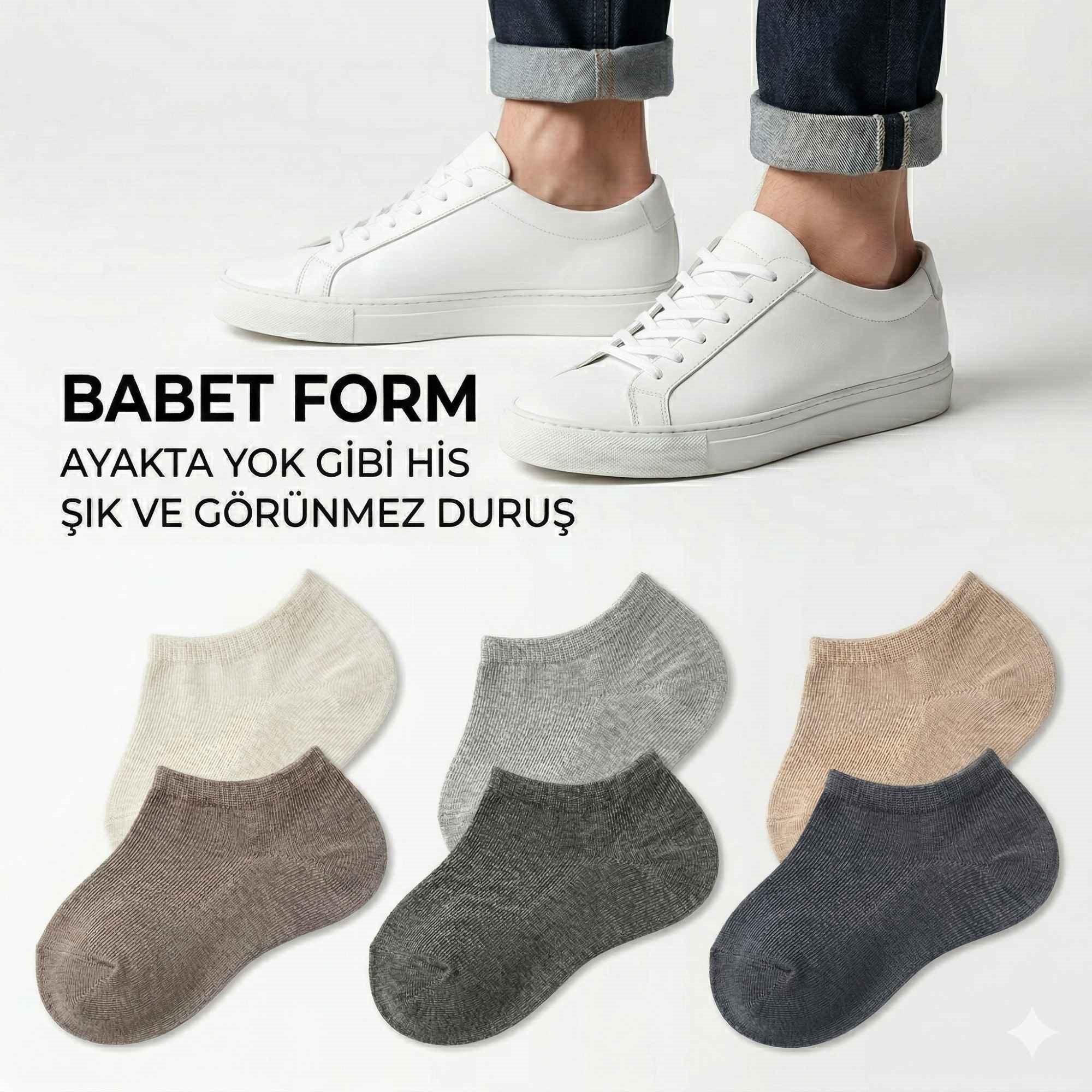 Erkek Görünmez Çorap 12'li Set, Babet Kesim, Yumuşak ve Esnek Yapı, Krem, Açık Gri, Bej, Vizon, Antrasit, Füme