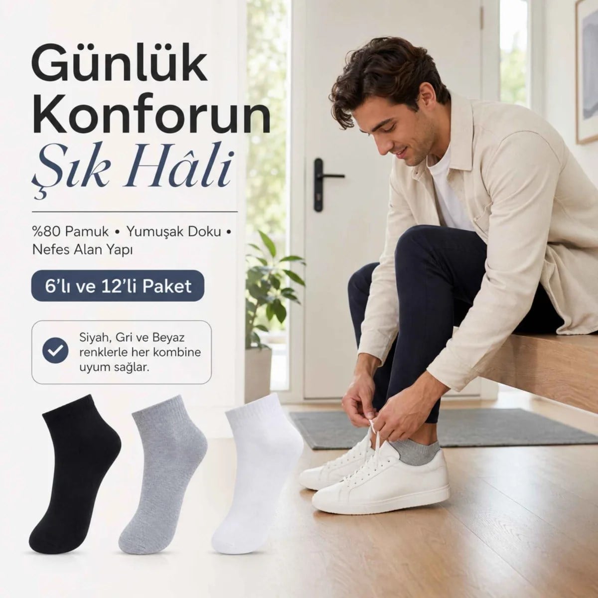 Erkek Kısa Konç Çorap 3'lü Paket, %80 Pamuklu, Dikişsiz Burun, Nefes Alan Yumuşak Bilek Çorabı, Siyah Gri Beyaz