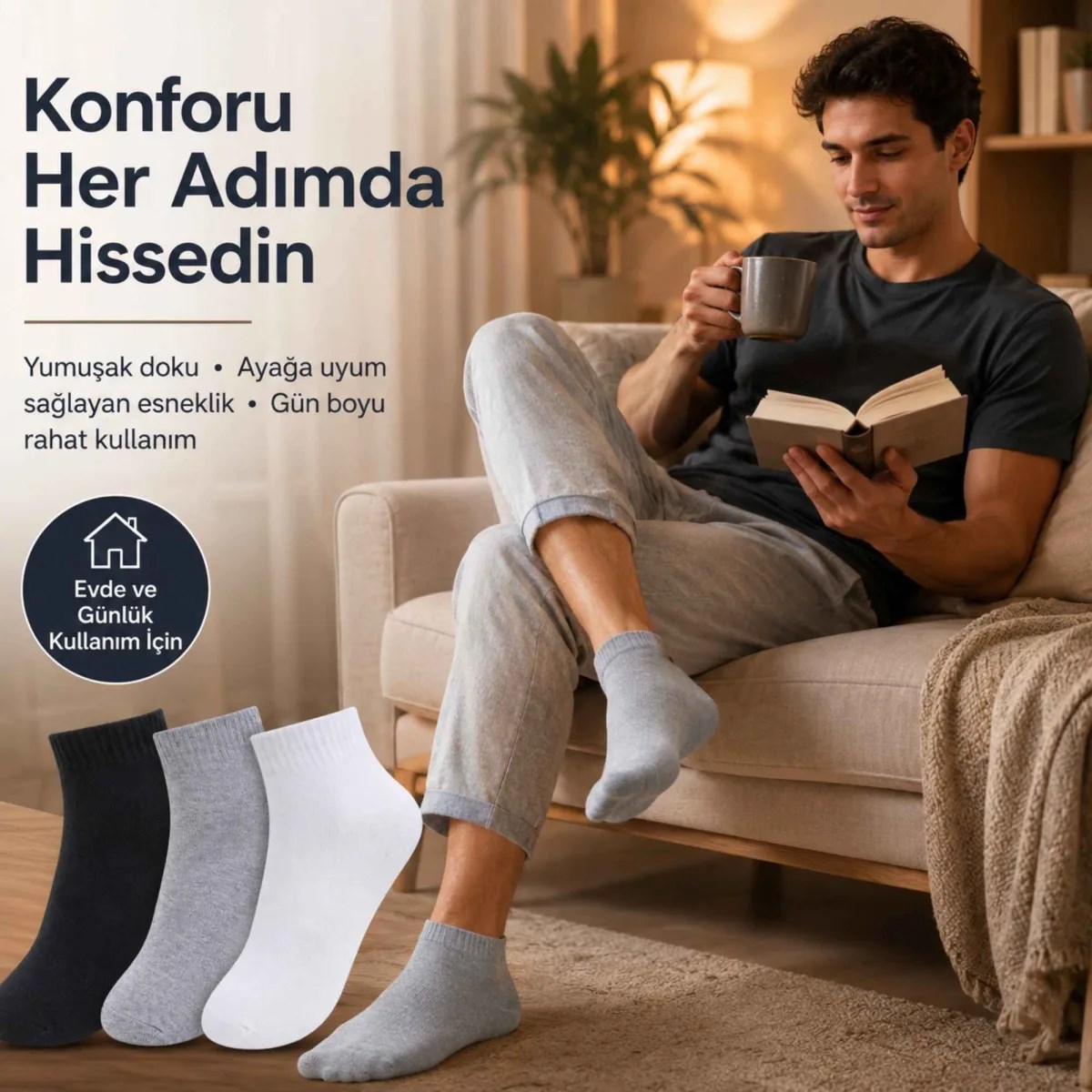 Erkek Kısa Konç Çorap 6'lı Paket, %80 Pamuklu, Dikişsiz Burun, Nefes Alan Yumuşak Bilek Çorabı, Siyah Gri Beyaz