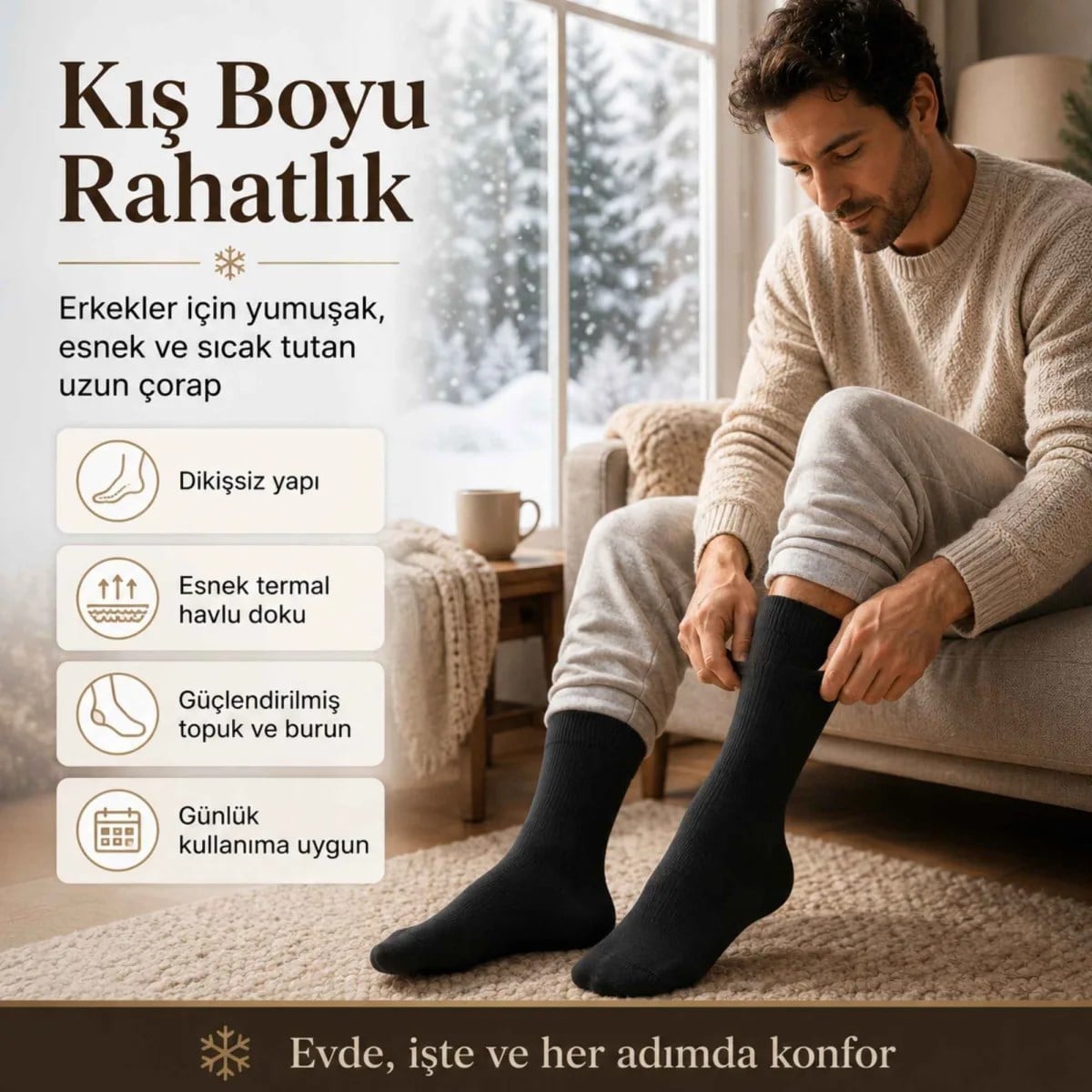 Erkek Siyah 12'li Kışlık Uzun Termal Havlu Çorap | Dikişsiz, Esnek, Sıcak Tutan, Güçlendirilmiş Topuk ve Burun