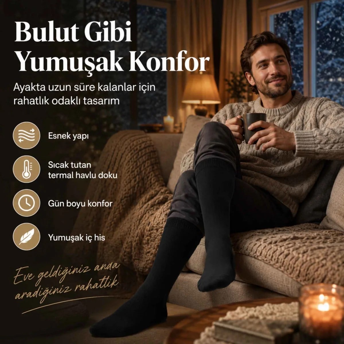 Erkek Siyah 6'lı Kışlık Uzun Termal Havlu Çorap | Dikişsiz, Esnek, Sıcak Tutan, Güçlendirilmiş Topuk ve Burun