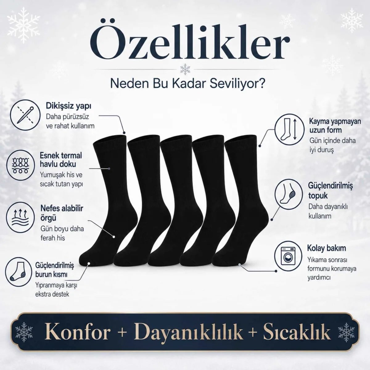 Erkek Siyah 6'lı Kışlık Uzun Termal Havlu Çorap | Dikişsiz, Esnek, Sıcak Tutan, Güçlendirilmiş Topuk ve Burun