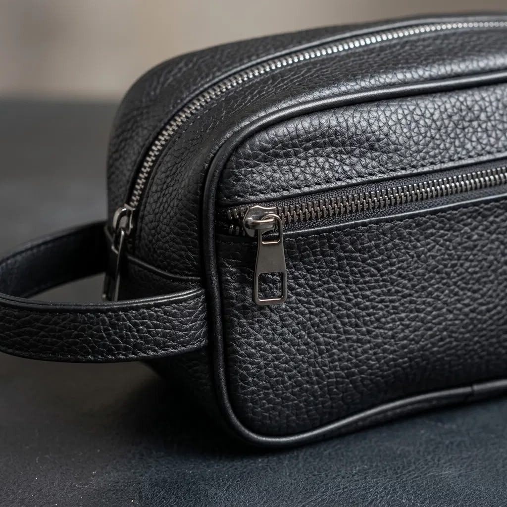 Erkek Siyah Deri El Çantası Çift Fermuarlı El Tutmalı 20x13 cm Günlük Seyahat Organizer Çanta