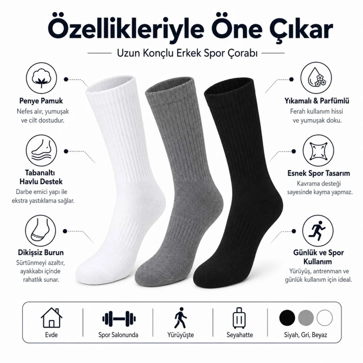 Erkek Spor Çorap 6 Çift, Taban Altı Havlu Destekli Penye Pamuklu Uzun Konç Çorap, Dikişsiz Burun, Yıkamalı Parfümlü, Siyah Gri Beyaz
