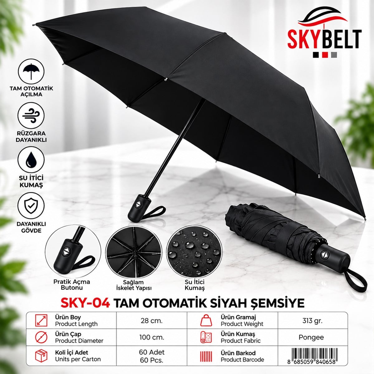 Erkek Tam Otomatik Siyah Şemsiye