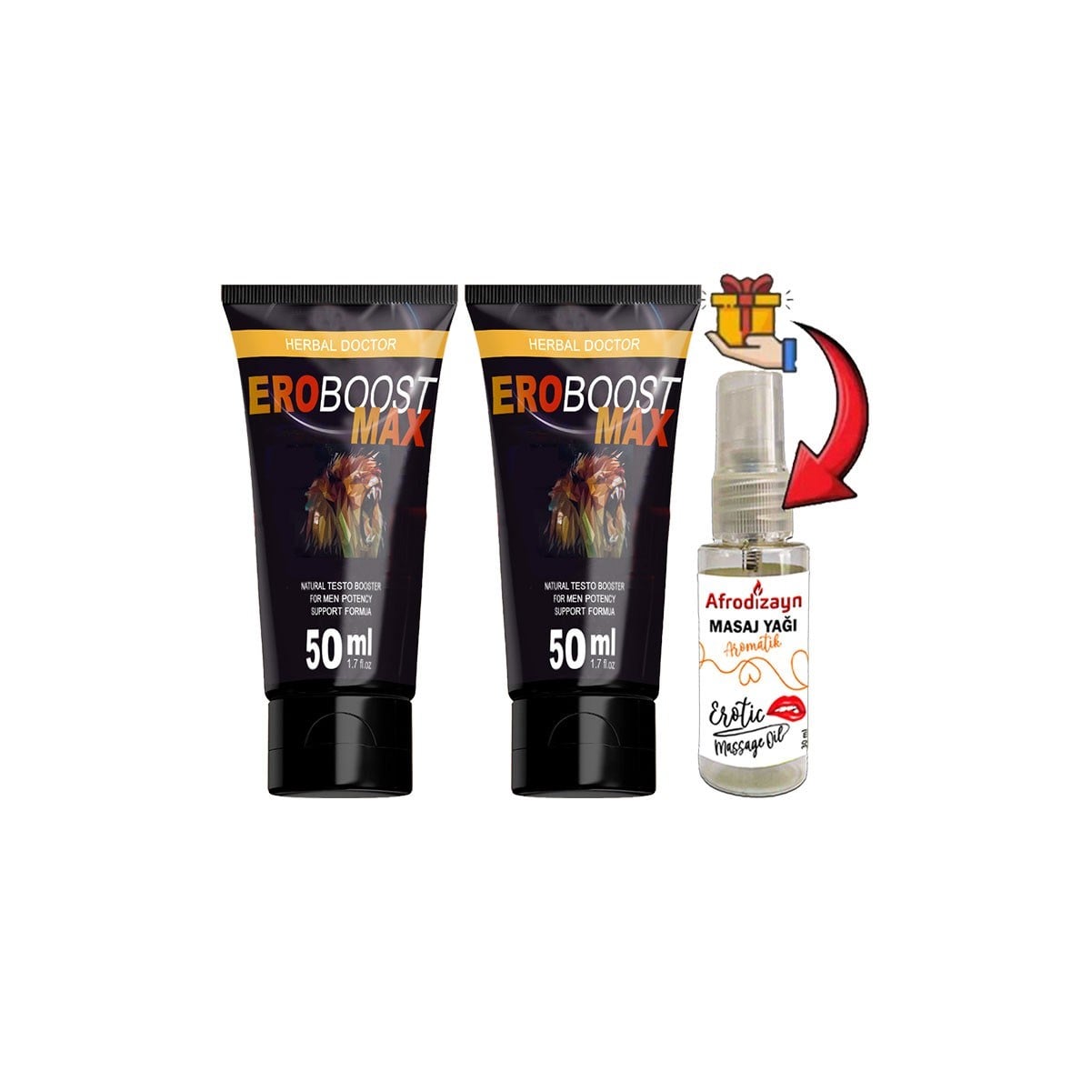 EroBoostMax 2 Tane Erkeklerin Gecesine Özel 50 ml Boost Krem + Afrodizayn Masaj Yağı