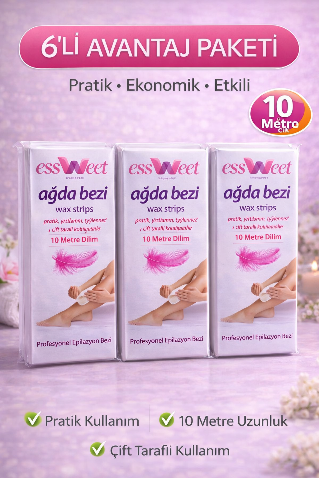 Essweet Ağda Bezi 10 Metre Dilim Profesyonel Epilasyon Bezi Çift Taraflı Kullanım Yırtılmaz Dayanıklı Ağda Bandı 6 Paket