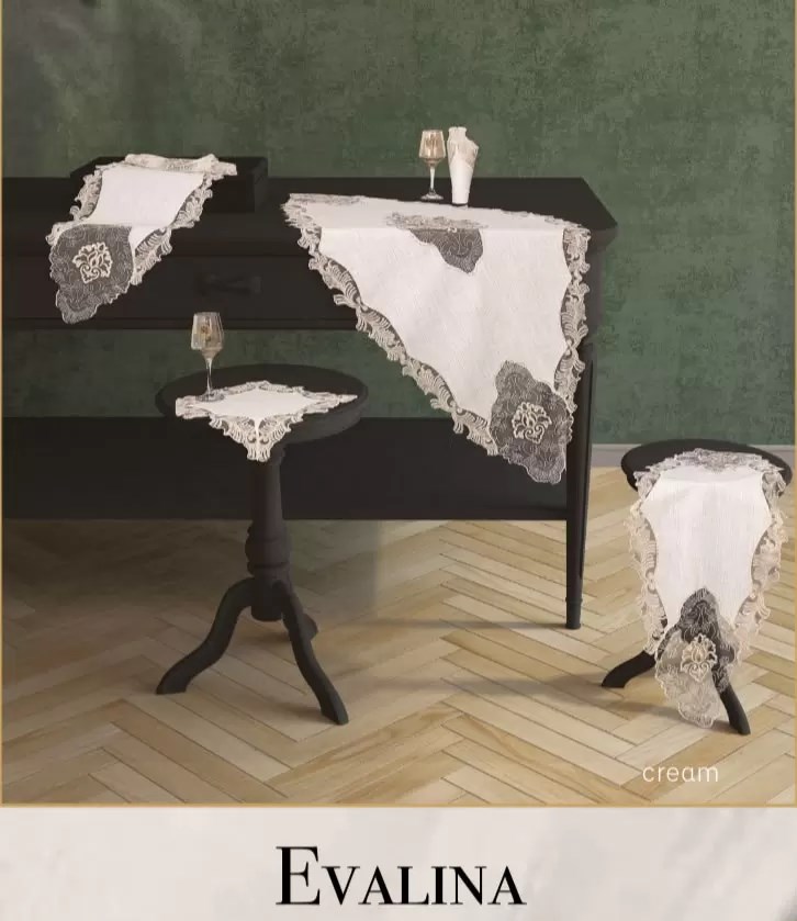Evalina Model Krem-Krem 5 Parça Keten Dantelli Runner Seti Salon Takımı