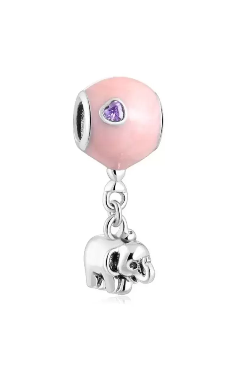 Fil ve Mavi Balon Bilek İçin Gümüş Charm Pembe