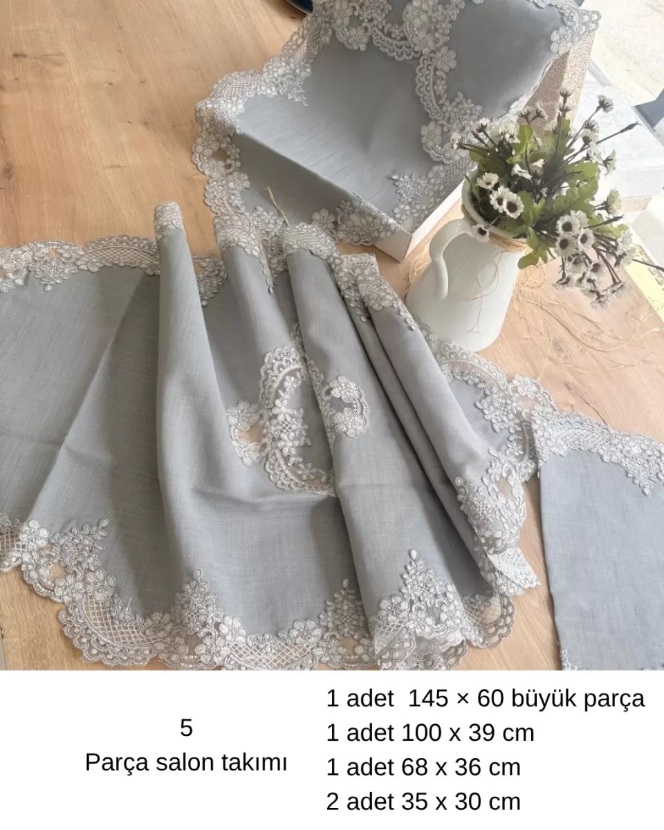 Firuze Model Gri 5 Parça Keten Dantelli Runner Seti Çeyizlik Salon Takımı