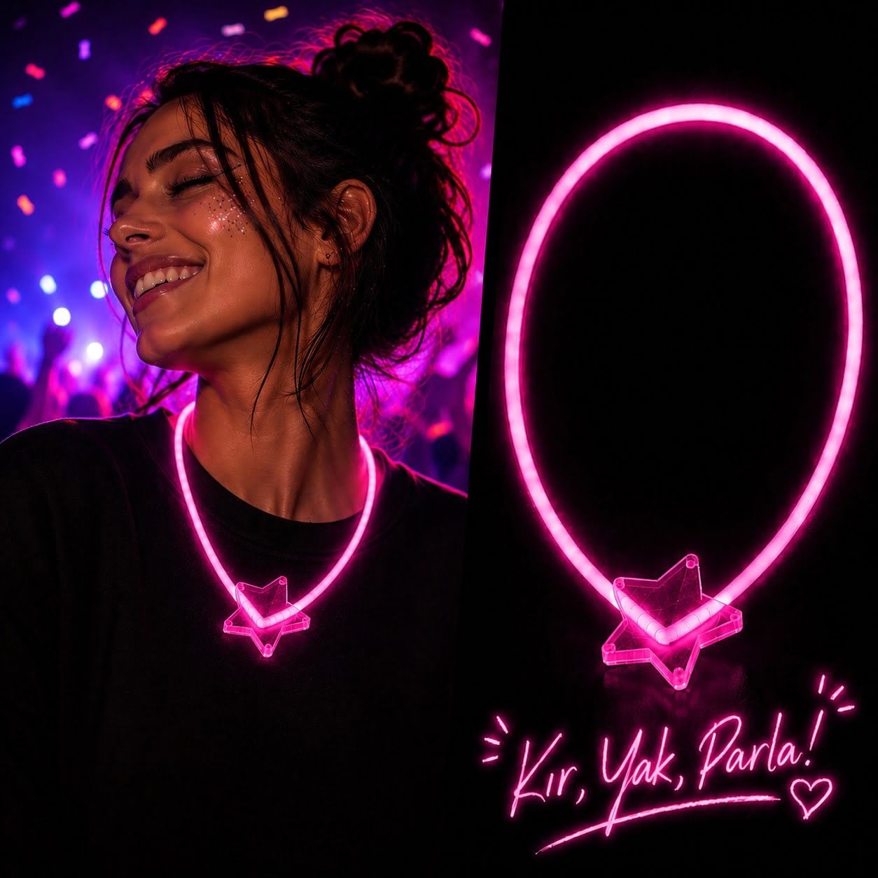 Fosforlu Yıldız Parti Kolyesi - Neon Işıklı Kolye Pembe Renk