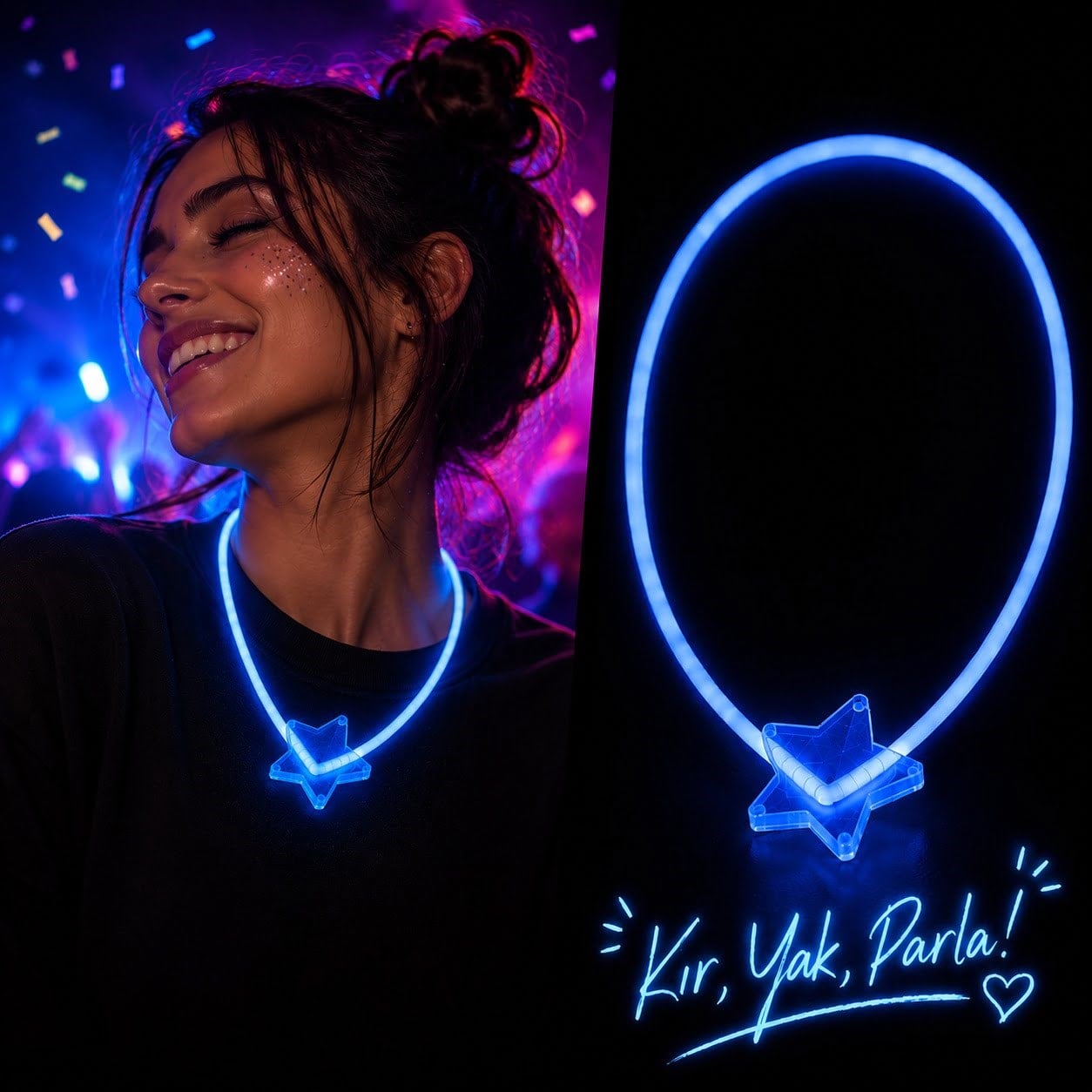 Fosforlu Yıldız Parti Kolyesi - Neon Işıklı Kolye Mavi Renk
