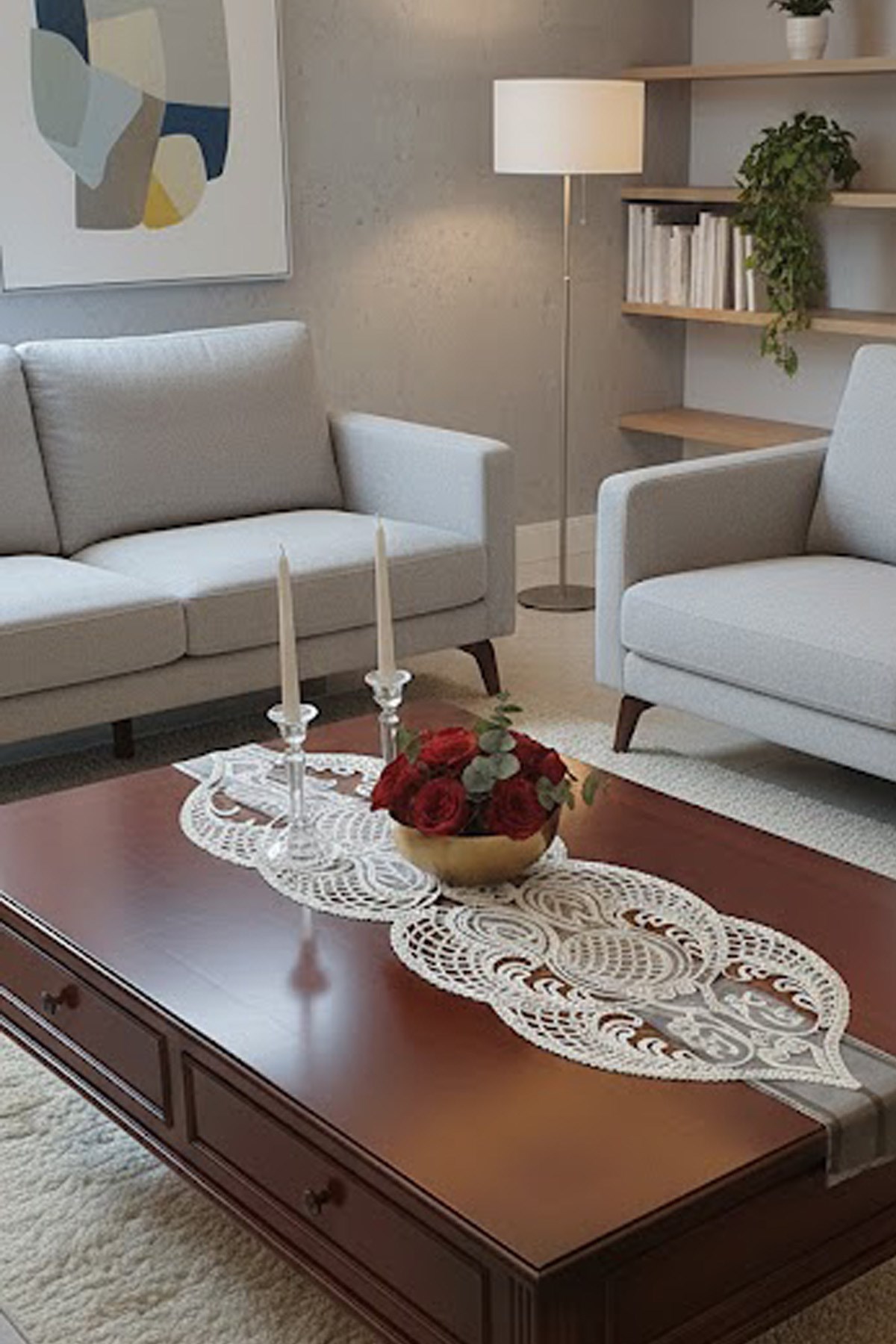 Fransız Dantel Detaylı Tek Runner, Masa Üzerine Runner, Masa Örtüsü Runneri
