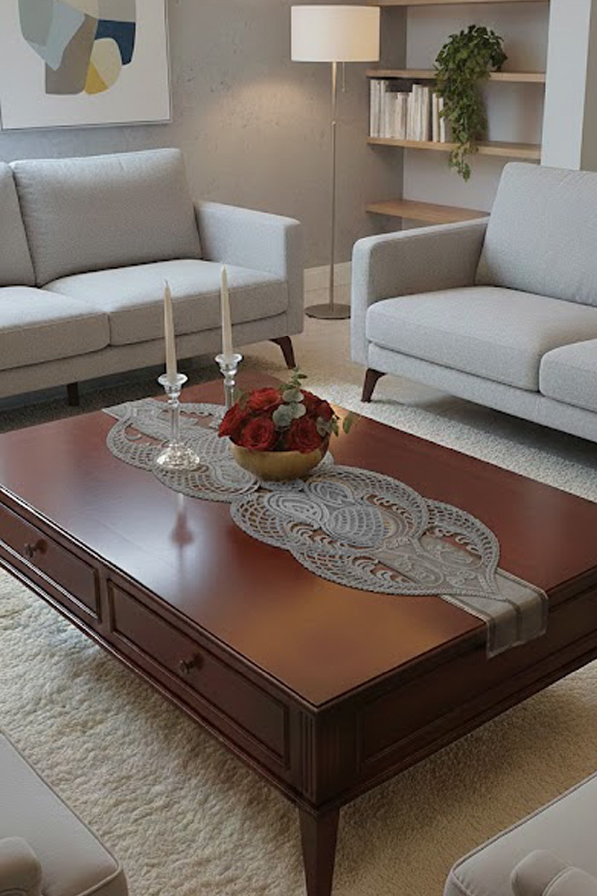Fransız Dantel Detaylı Tek Runner, Masa Üzerine Runner, Masa Örtüsü Runneri