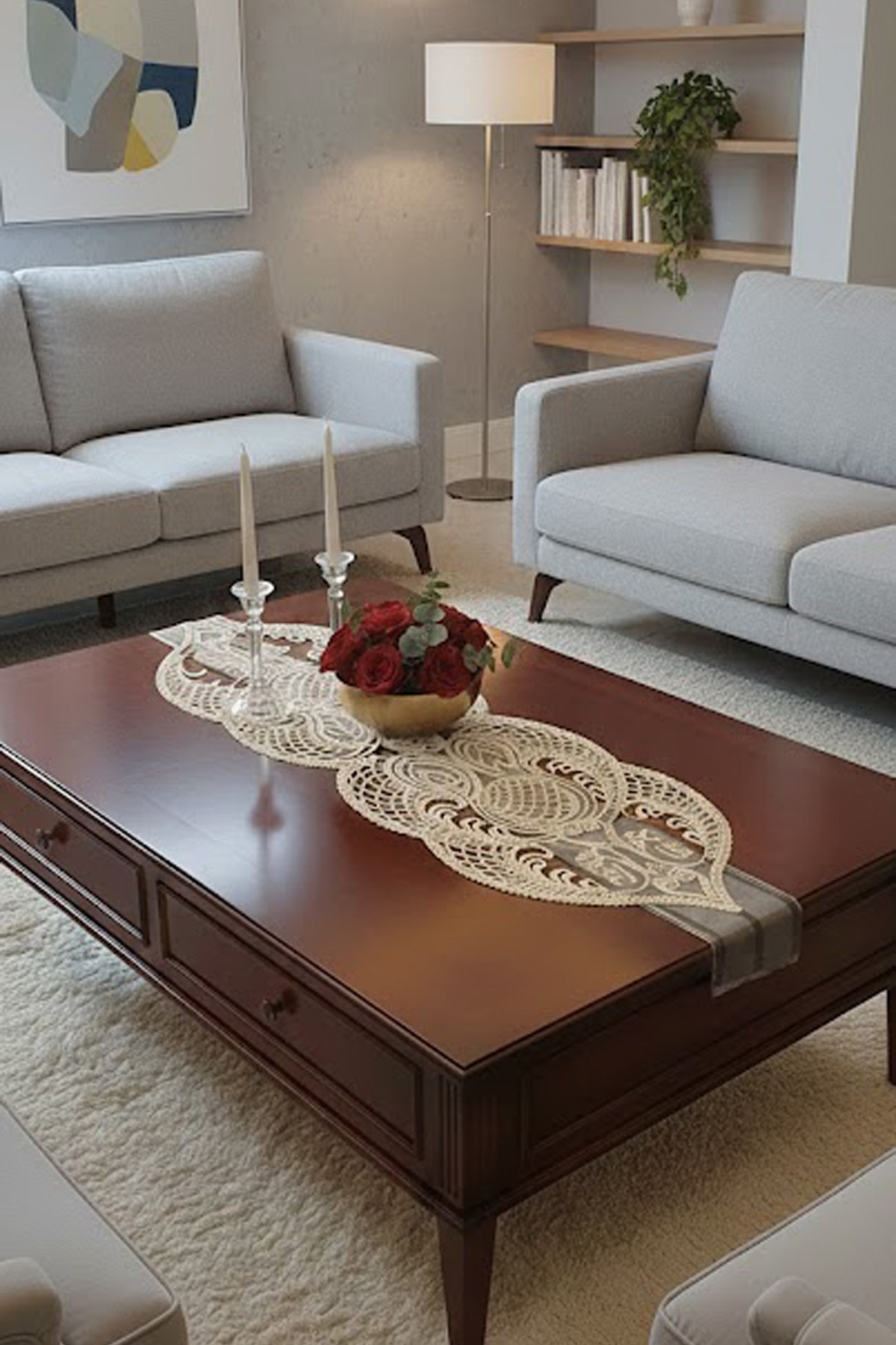 Fransız Dantel Detaylı Tek Runner, Masa Üzerine Runner, Masa Örtüsü Runneri
