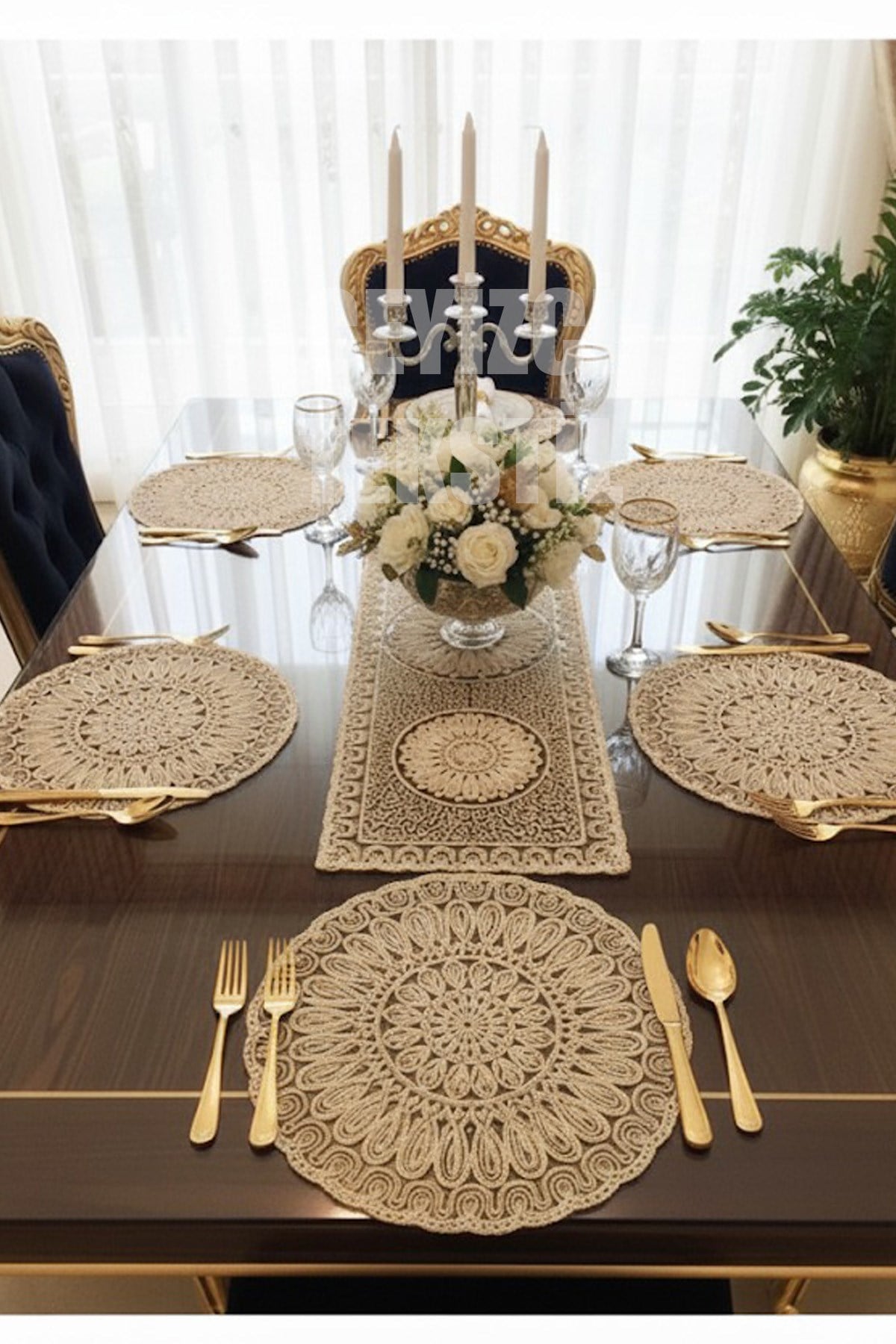 Fransız Dantelli Runner Ve Supla Takımı (1 Runner, 6 Supla) Kahve