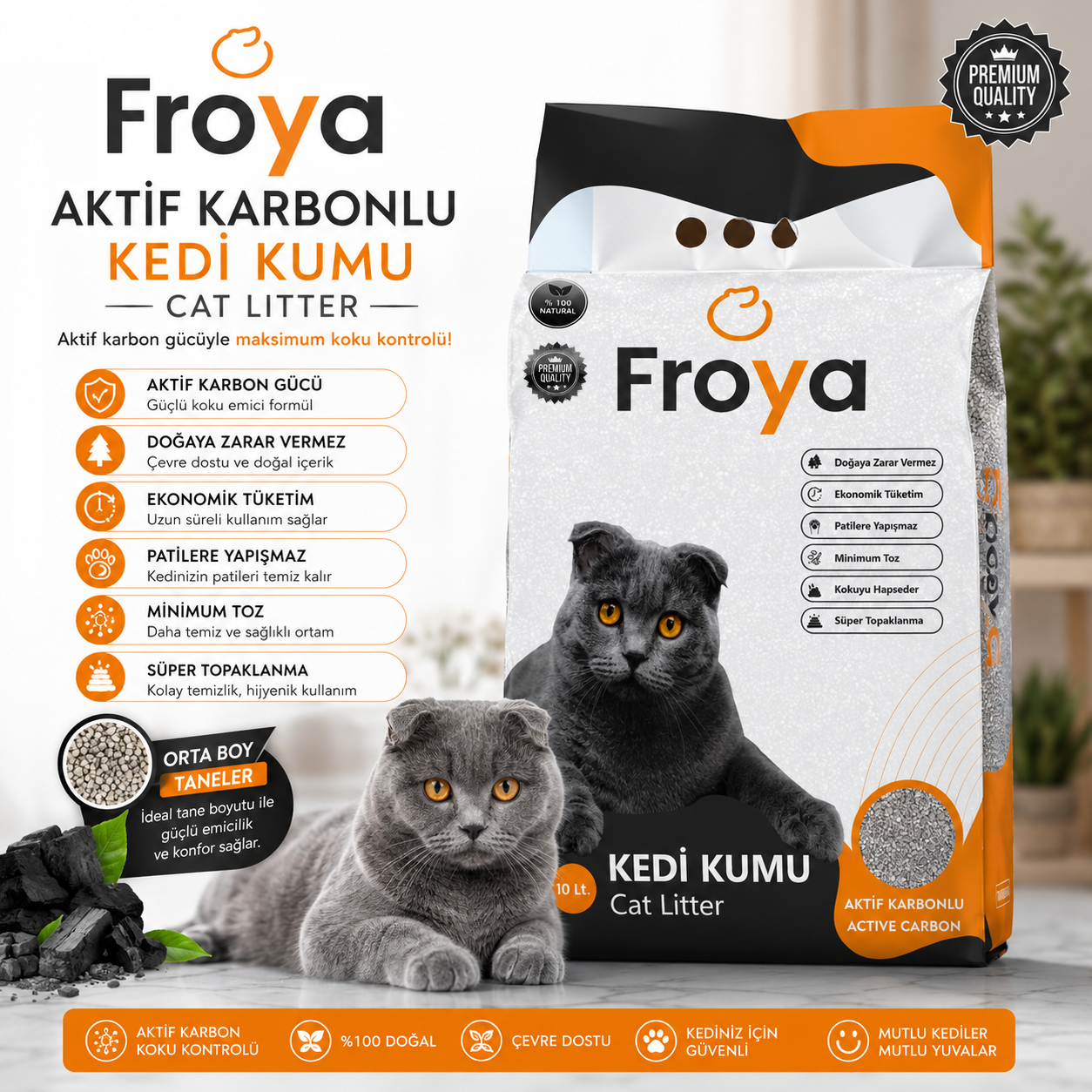 Froya Aktif Karbonlu Kedi Kumu 10 Lt Orta Taneli Topaklanan Kokusuz Doğal Kedi Kumu