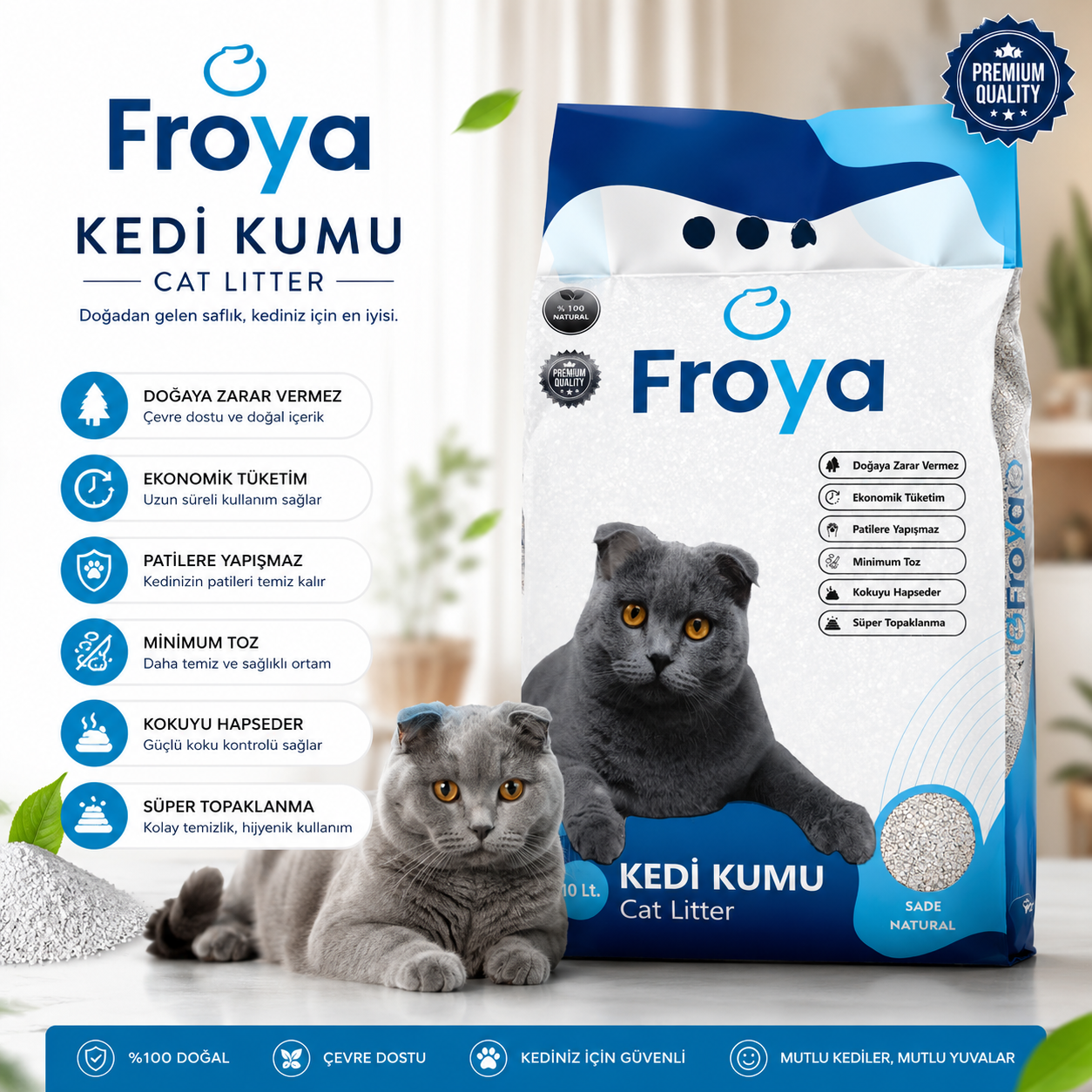 Froya Kokusuz Sade Kedi Kumu 10 Lt Orta Taneli Doğal Topaklanan Tozsuz Kedi Kumu
