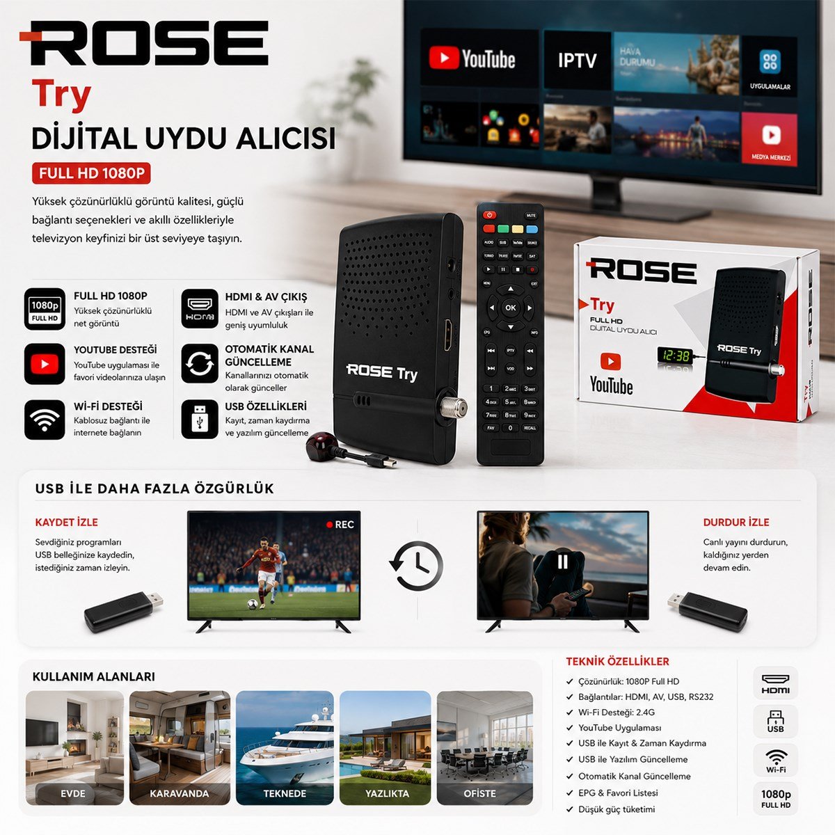 Full HD 1080p Uydu Alıcısı (HDMI, AV, WiFi, YouTube)