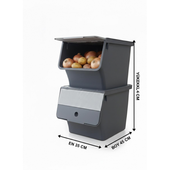Füme 2'Li 33 LT Modubox Kayar Kapaklı Saklama Kabı & Patates Soğan Kovası & Erzak Kutusu