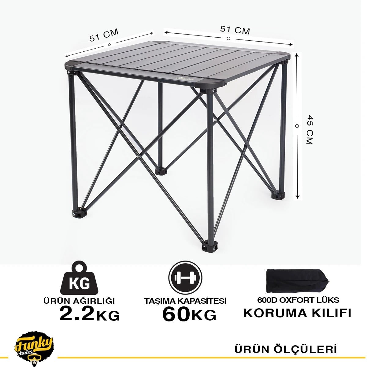 Funky Chairs Titanium Katlanabilir Çantalı Alüminyum Kamp ve Piknik Masası Küçük 51x51x45