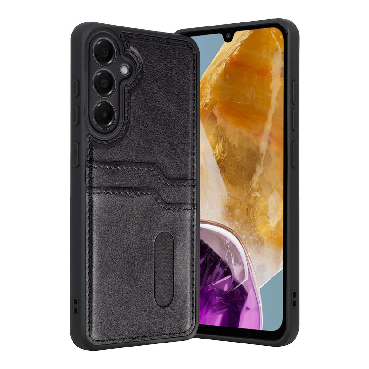 Galaxy M15 Sara Kartvizitli Deri Kılıf - Siyah