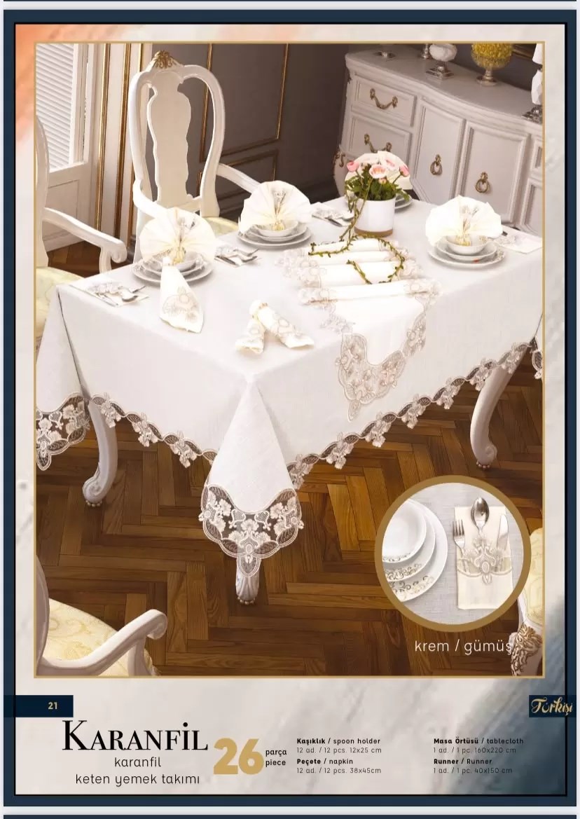 Gardenya Keten Karanfil Gri 26 Parça 12 Kişilik 160 × 220 cm Masa Takımı