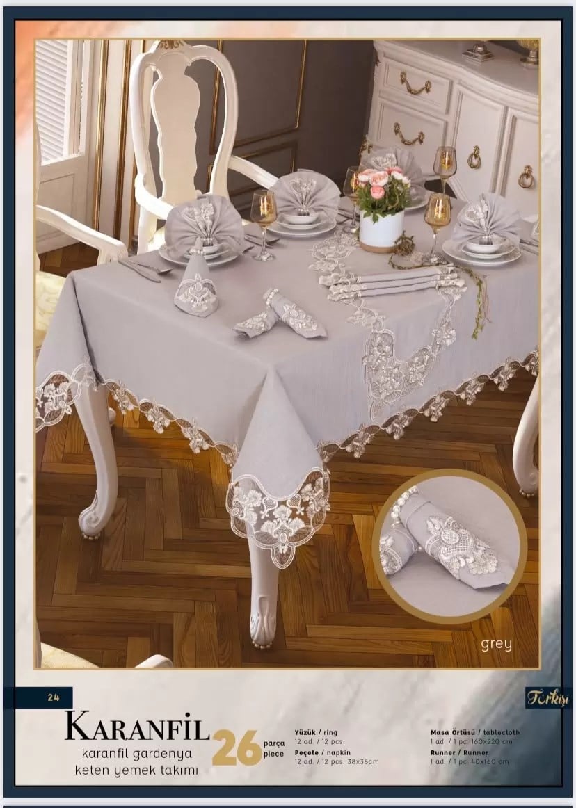 Gardenya Keten Karanfil Gri 26 Parça 160 × 220 cm Masa Takımı 12 Kişilik