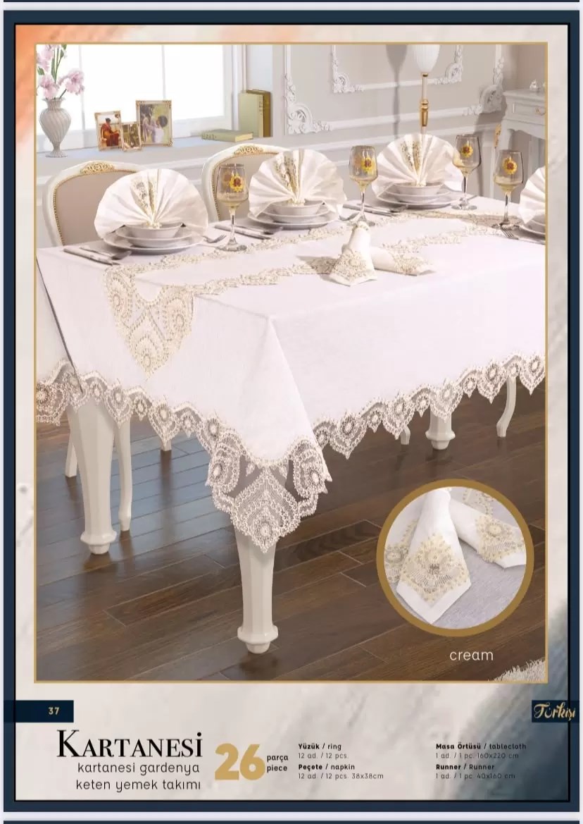 Gardenya Keten Kartanesi Krem 26 Parça 160 × 220 cm Sofra Masa Seti